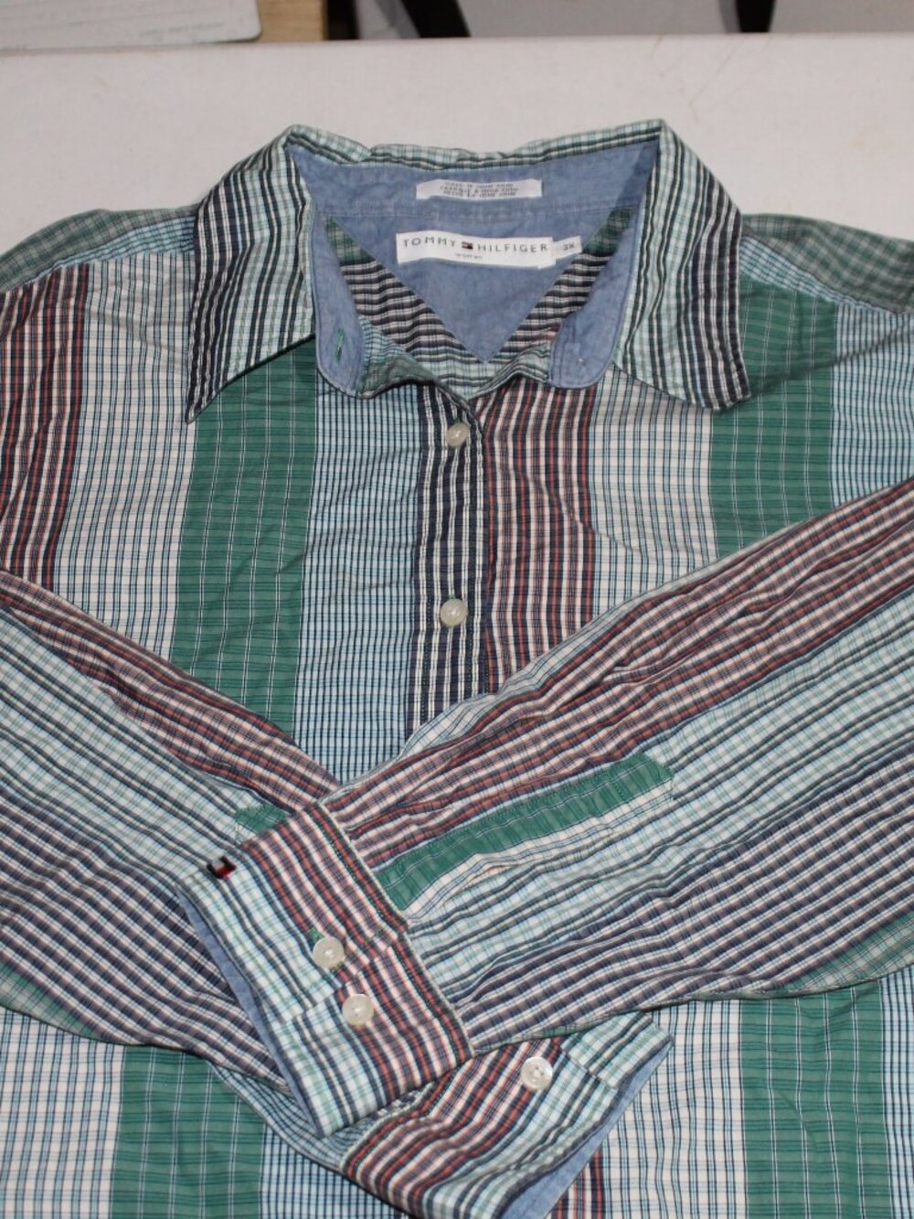 Vintage Y2K 2001 Tommy Hilfiger 3X Patchwork Plaid Shirt Green Striped Cotton